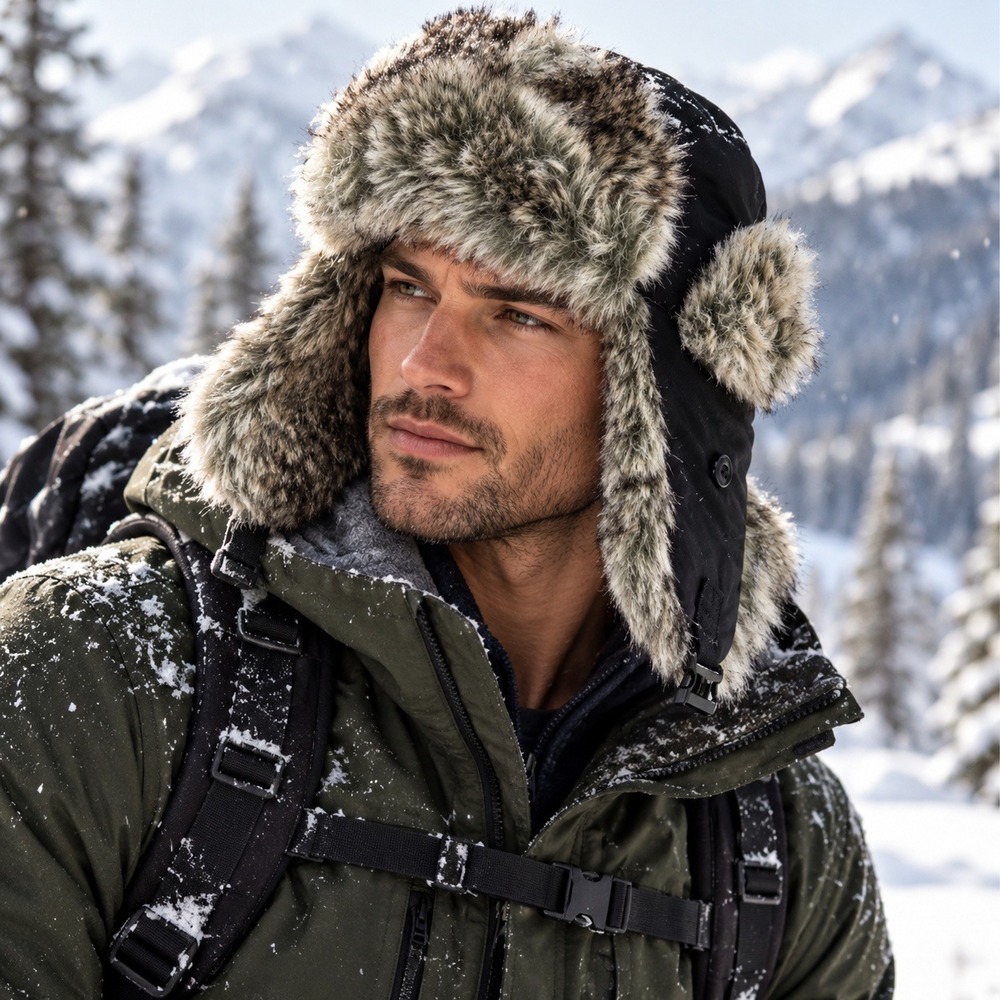 Scala Trapper Hat One Size Black Grey Faux Fur Aviator Ushanka Bomber Hat #1710